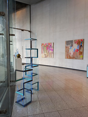 BLUE LIFT 1 & 2 (foreground) Installation view of 'VJB Arts presents Sheila Vollmer & painter Lindsay Maples' 2021-22  City of London EC2V 