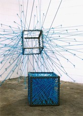 STRETCHED I WITH BOX  2000    450 x 450 x 600cm Box: 60cm sq.  (size adapted to site)    Dexion steel, polypropylene rope & steel eyelet fixings