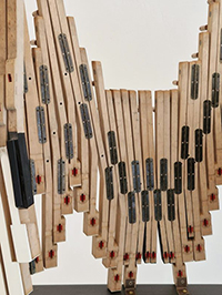 POLYPHONY (detail) 2026
133 x 70 x 43cm&nbsp;&nbsp;
Wood, found piano keys & brass fixings on steel painted 